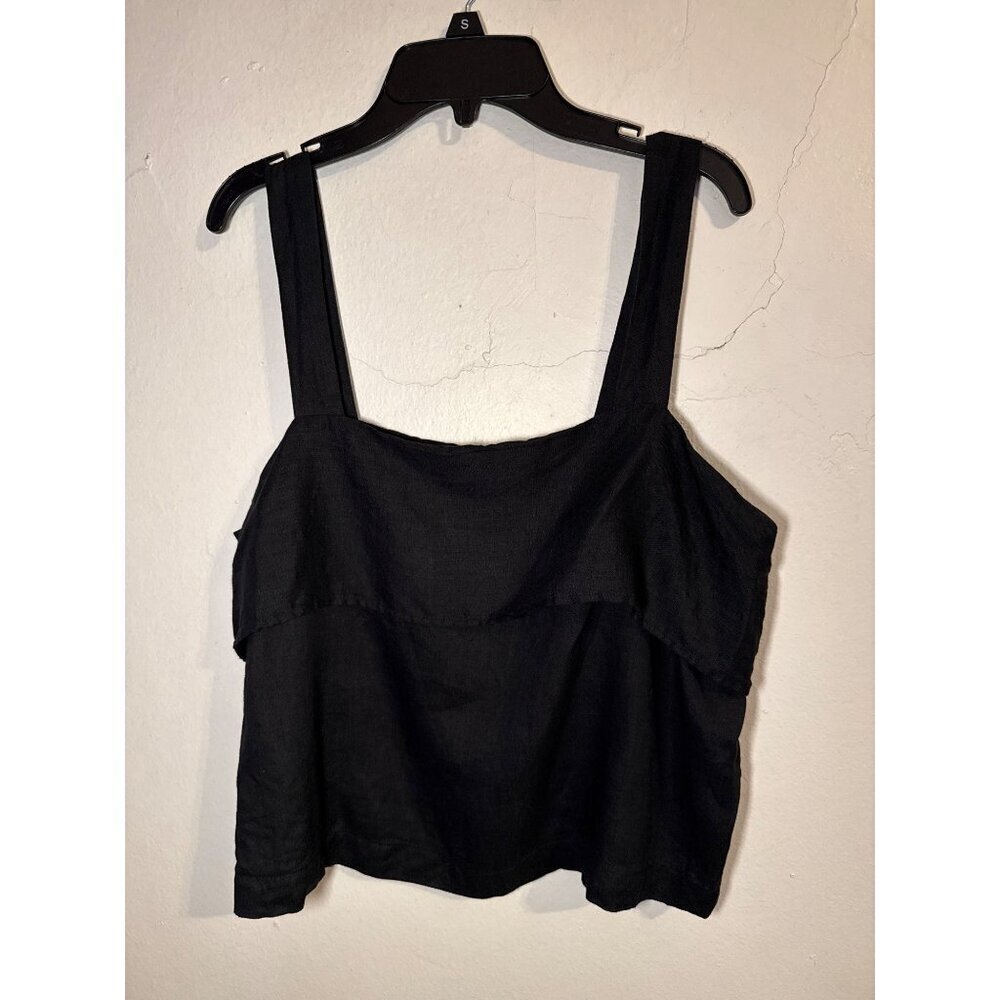 Women's Black Linen-Blend Square-Neck Crop Trendy Romantic Cottage core Top Medi